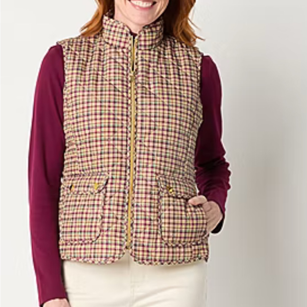 St. John’s Bay Women’s Heavyweight Quilted Vest – Neutral Check, Size S